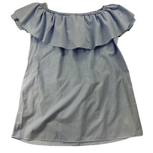 Zara Woman Premium Denim Off Shoulder Peasant Top Blue White Stripe Ruffle Sz 5